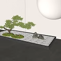 Artistic Bonsai Tree with Green Pine Foliage Moss Pebbles and Rocks on Decorative Wall Background