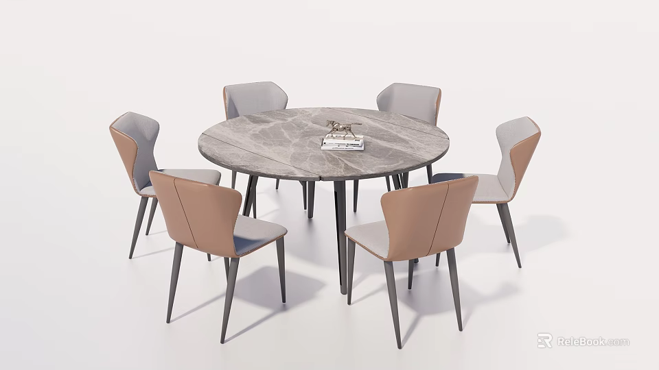 Modern Round Dining Table Set With Marble Tabletop And Two Tone Grey Beige Chairs 3d model