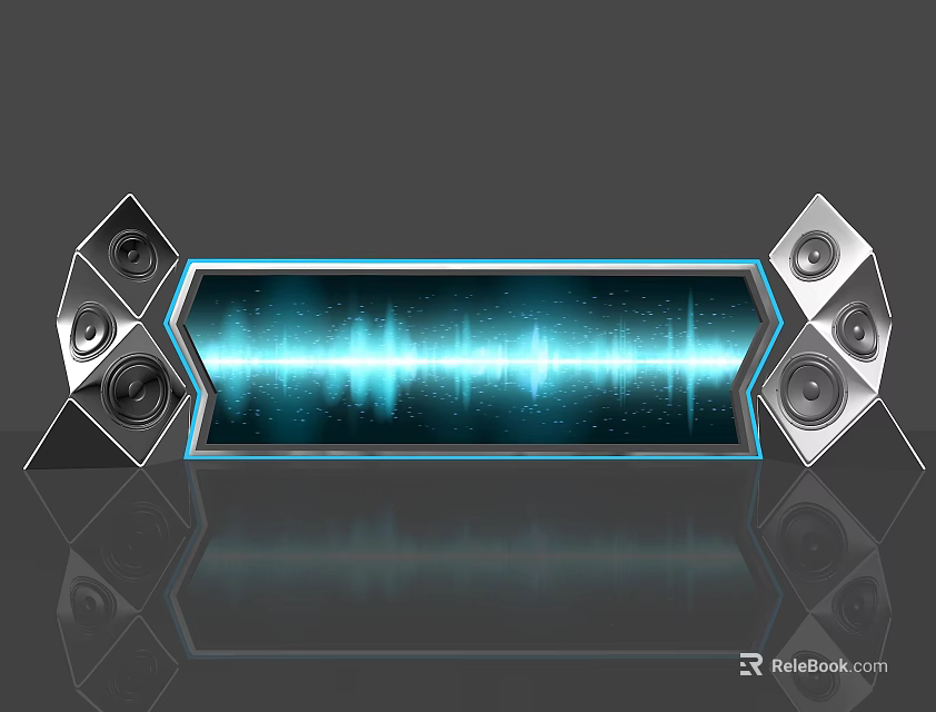 Futuristic Stage with Glowing Sound Wave Graphic and Geometric Side Speakers 3d model 