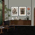 Modern Living Room Interior With Wooden Decorative Cabinet Wall Art Indoor Plant And Armchair