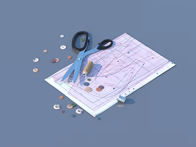 Sewing Supplies With Scissors Thread Spool Fabric Pattern And Scattered Buttons 3d model