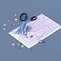 Sewing Supplies With Scissors Thread Spool Fabric Pattern And Scattered Buttons 3d model