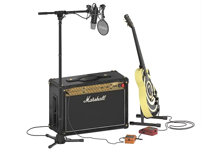 Marshall Electric Guitar Amplifier Setup With Microphone Stand Pedal And Cables 3d model