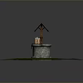 Traditional Well Structure With Thatched Roof Stone Base And Wooden Bucket On Grass