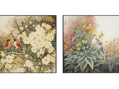 Botanical Paintings Featuring White Yellow Flowers Green Leaves And Birds 3d model