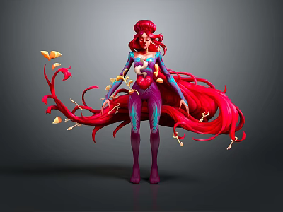 Mythical Character With Red Flowing Hair Colorful Bodysuit And Biological Butterfly Features 3d model