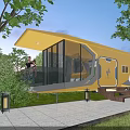Yellow Modern Boutique Hotel Building With Glass Walls Surrounded by Trees And Outdoor Lighting