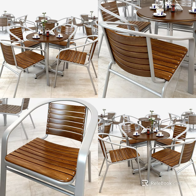 Modern Dining Table Set With Wooden Seats Backrests And Metal Frames 3d model 