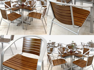 Modern Dining Table Set With Wooden Seats Backrests And Metal Frames 3d model