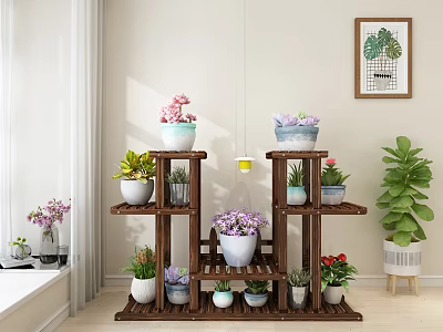 Decorative Multi tier Wooden Plant Shelf With Colorful Potted Flowers And Green Plants 3d model