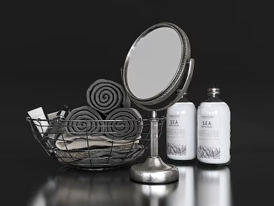 Bathroom Accessories With Tabletop Mirror Metal Basket Rolled Towels And Bath Bottles 3d model
