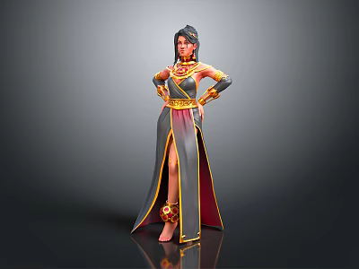 Fantasy Female Character In Traditional Costume With Golden Red Details And Elegant Pose 3d model