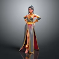 Fantasy Female Character In Traditional Costume With Golden Red Details And Elegant Pose