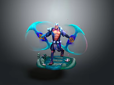 Powerful Game Character In Ornate Armor With Blue Energy Wings Standing On Green Pedestal 3d model