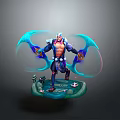 Powerful Game Character In Ornate Armor With Blue Energy Wings Standing On Green Pedestal
