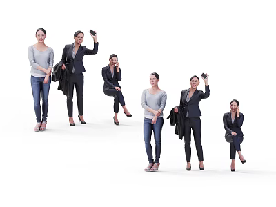 Women in Various Poses Standing and Sitting Holding Jackets with Casual and Professional Outfits 3d model