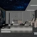 Modern Home Theater Interior With Starry Sky Ceiling Large Projection Screen And Plush Recliner Seats