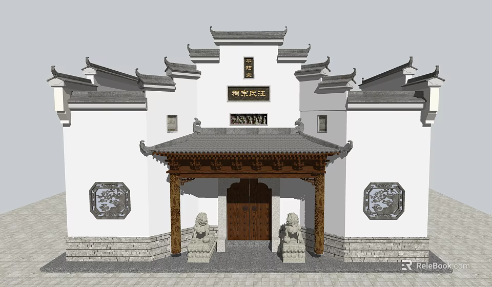 Traditional Ancient Chinese Architecture with Curved Cornices Stone Lions and Carved Windows 3d model 