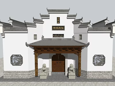 Traditional Ancient Chinese Architecture with Curved Cornices Stone Lions and Carved Windows 3d model
