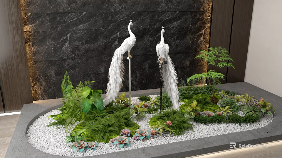 White Peacock Sculptures Indoor Landscape With Green Plants White Gravel And Dark Marble Wall 3d model 