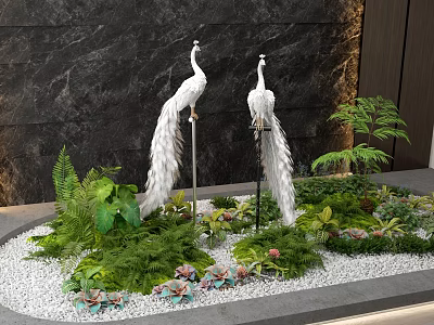 White Peacock Sculptures Indoor Landscape With Green Plants White Gravel And Dark Marble Wall 3d model