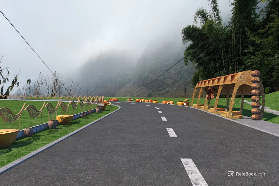 Curved Road Facilities With Yellow Guardrails Wooden Shelter Green Grassland Near Misty Mountain Bamboo 3d model 