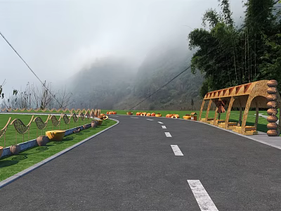 Curved Road Facilities With Yellow Guardrails Wooden Shelter Green Grassland Near Misty Mountain Bamboo 3d model