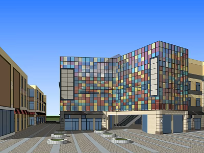 Modern Commercial Street Featuring Colorful Mosaic Glass Facade Surrounding Buildings And Plaza 3d model