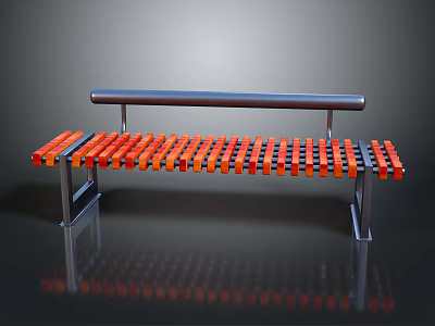 Modern Outdoor Bench With Orange Slat Seat Metal Frame And Long Backrest 3d model