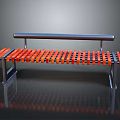 Modern Outdoor Bench With Orange Slat Seat Metal Frame And Long Backrest
