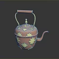 Elegant Copper Teapot With Gold Floral Patterns And Wooden Handle