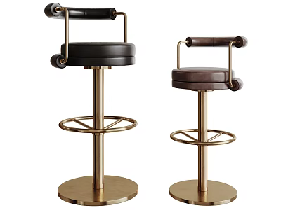 Modern Bar Stools With Gold Metal Frame Black Brown Seats Armrests And Footrest Ring 3d model