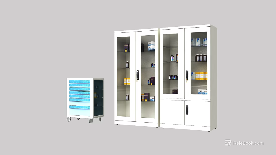 White Storage Cabinets With Glass Doors And Mobile Blue Drawer Unit For Organized Storage 3d model 