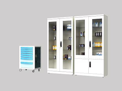 White Storage Cabinets With Glass Doors And Mobile Blue Drawer Unit For Organized Storage 3d model