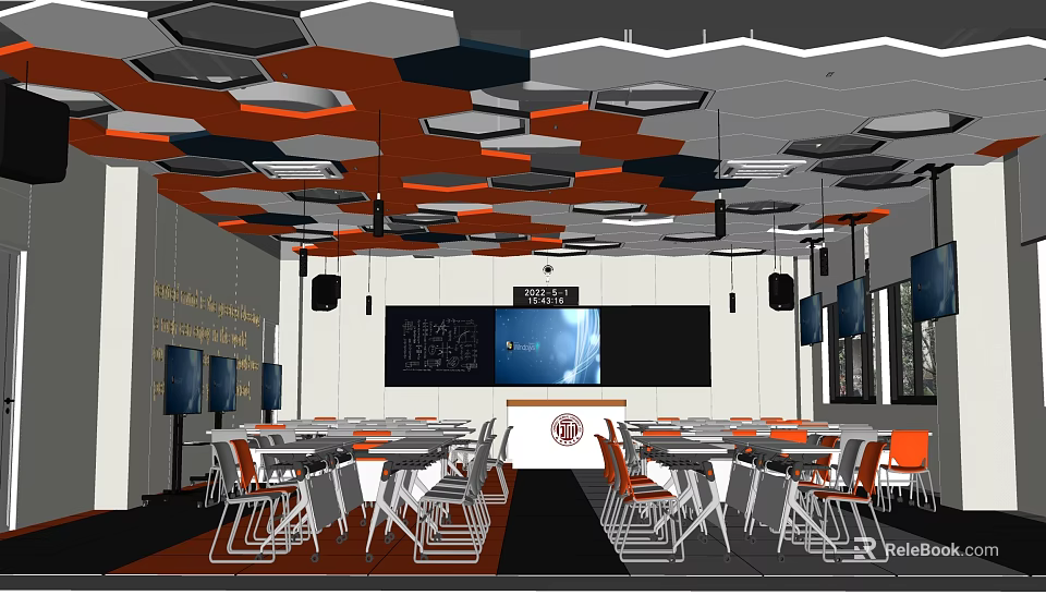 School Classroom Interior Design Featuring Geometric Orange Gray Ceiling Tables Chairs And Large Screen 3d model 
