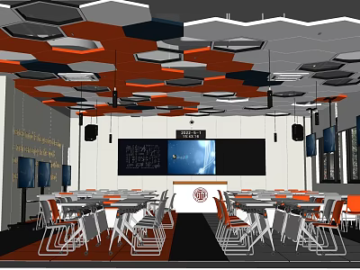 School Classroom Interior Design Featuring Geometric Orange Gray Ceiling Tables Chairs And Large Screen 3d model