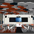 School Classroom Interior Design Featuring Geometric Orange Gray Ceiling Tables Chairs And Large Screen 3d model