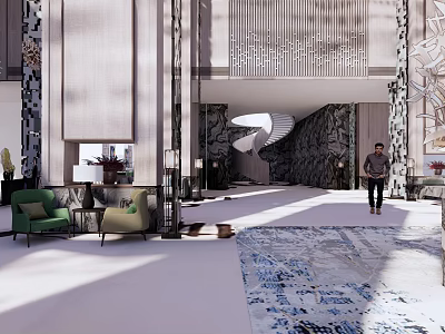 Luxurious Hotel Lobby Interior Design With Green Armchairs Patterned Carpet And Spiral Staircase 3d model