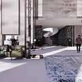 Luxurious Hotel Lobby Interior Design With Green Armchairs Patterned Carpet And Spiral Staircase