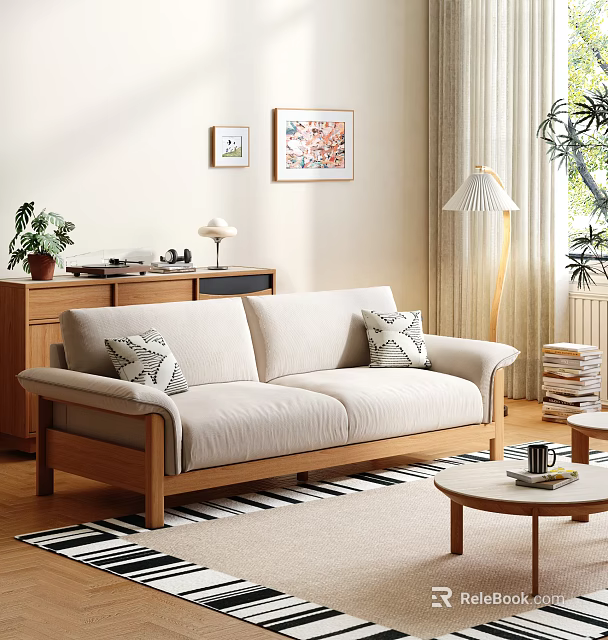 Casual Sofa Set with Beige Upholstery Wooden Frame and Throw Pillows in Cozy Living Room 3d model 
