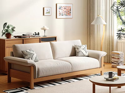 Casual Sofa Set with Beige Upholstery Wooden Frame and Throw Pillows in Cozy Living Room 3d model