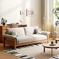 Casual Sofa Set with Beige Upholstery Wooden Frame and Throw Pillows in Cozy Living Room