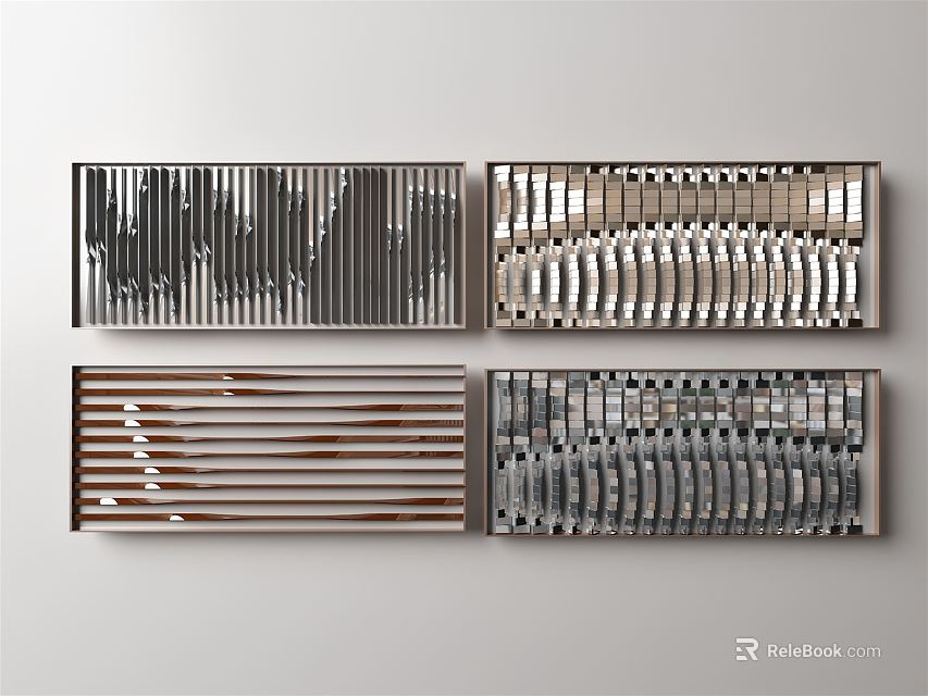 Modern Wall Decor Set with Four Metallic Striped Linear Panel Design 3d model 