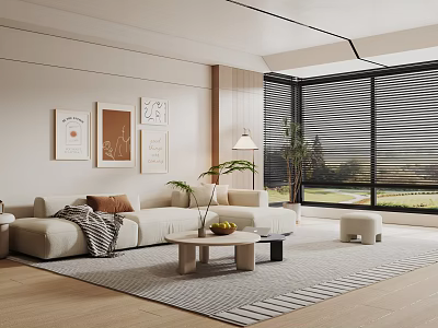 Modern Living Room Interior With Beige Sofa Brown Cushions Artwork And Floor to Ceiling Windows 3d model