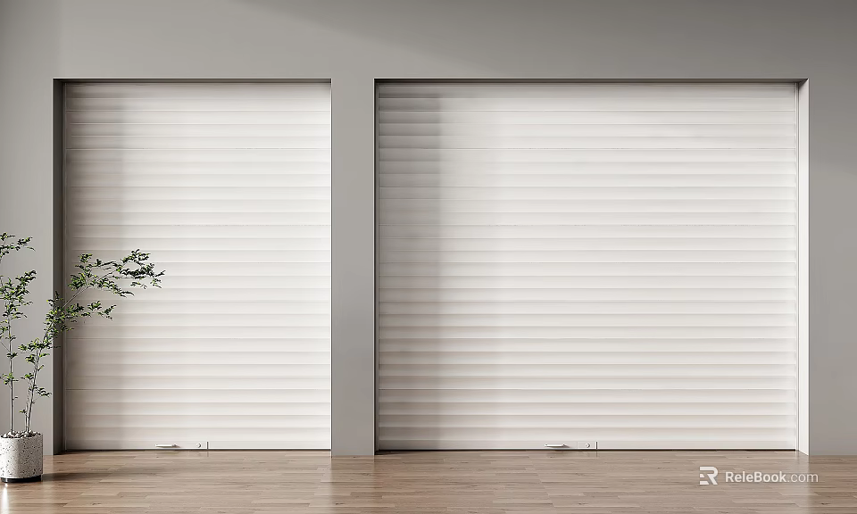Two White Roller Doors With Green Plant And Wooden Floor In Gray Wall Space 3d model 