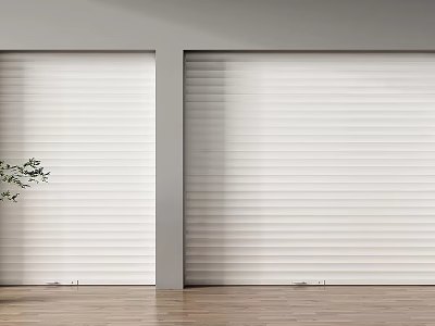 Two White Roller Doors With Green Plant And Wooden Floor In Gray Wall Space 3d model