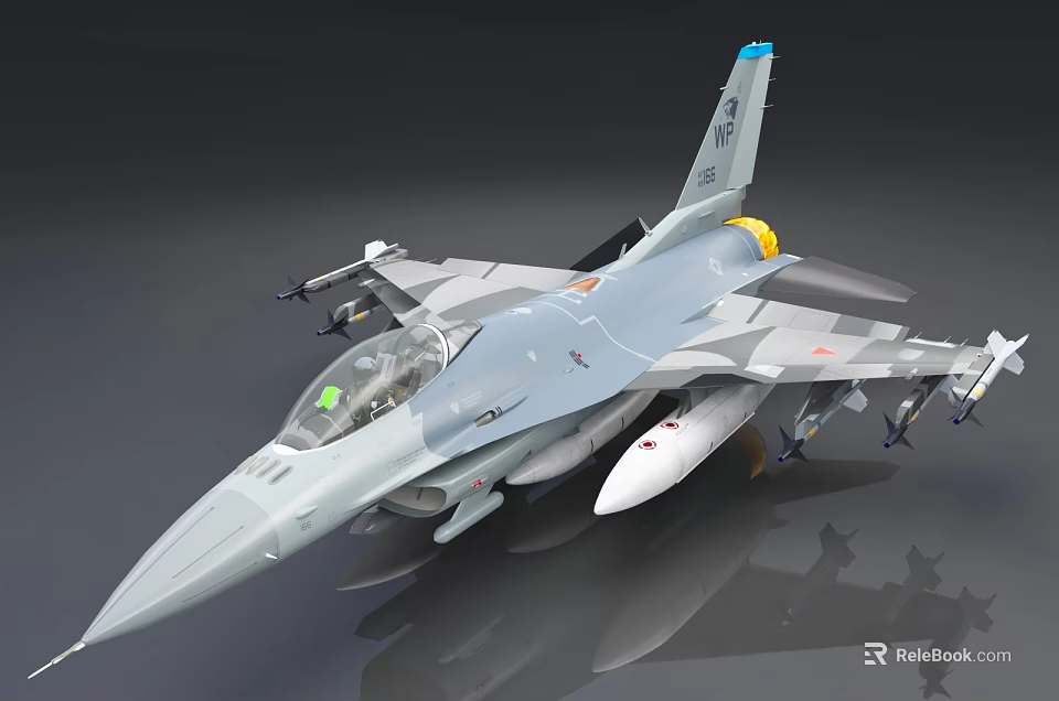 Gray Military Fighter Jet Model with Missiles Cockpit Yellow Afterburner and Tail Fin Emblem 3d model 