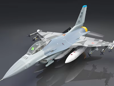 Gray Military Fighter Jet Model with Missiles Cockpit Yellow Afterburner and Tail Fin Emblem 3d model