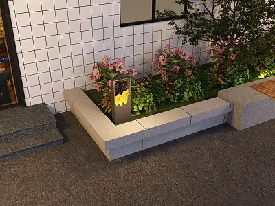 Outdoor Lights By Rectangular Flower Bed With Pink Flowers Green Plants And White Tiled Wall 3d model