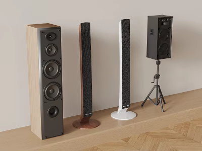 Home Audio Speakers With Various Modern Designs Including Wooden Brown White Black And Tripod Stand Models 3d model